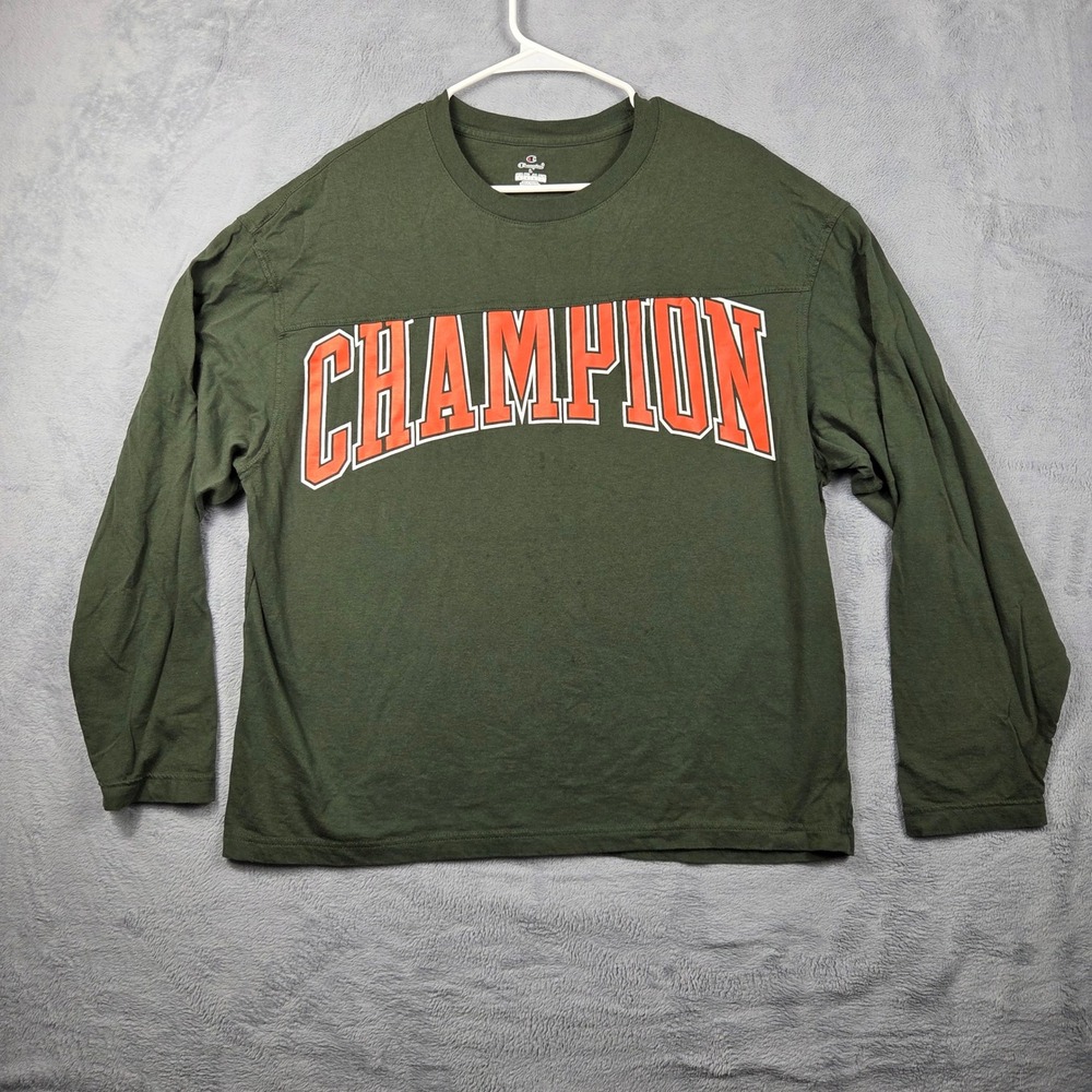 Champion Long Sleeve Shirt Mens L Green Excellent Graphic Logo Tee
